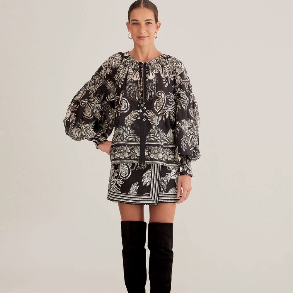 NWT Farm Rio Pasley Bloom Black Neckline Blouse